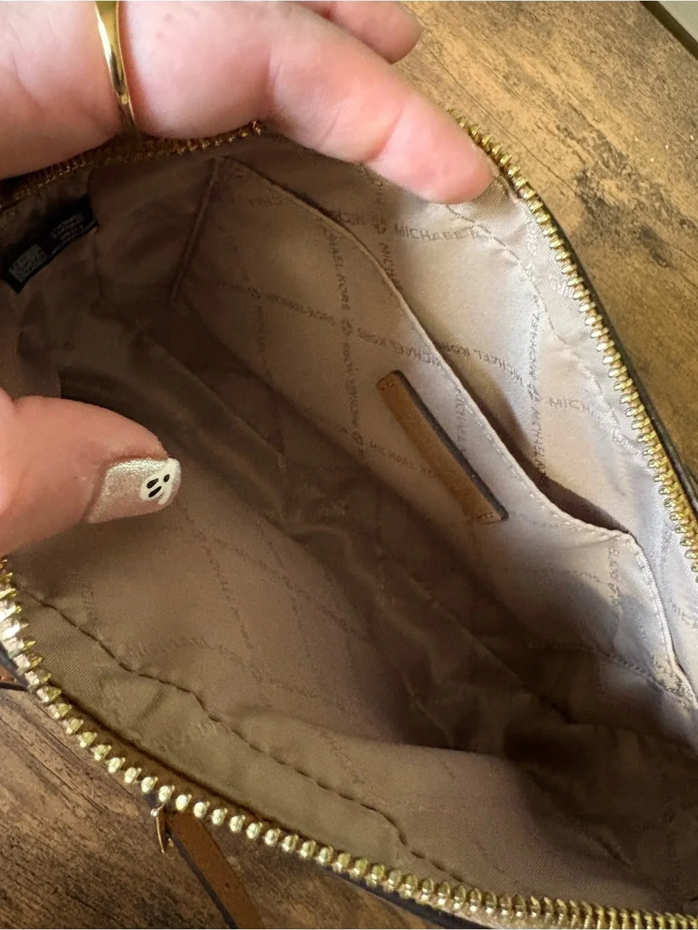 Michael Kors Pebbled MK Logo Crossbody in Nude Tan with Gold Chain